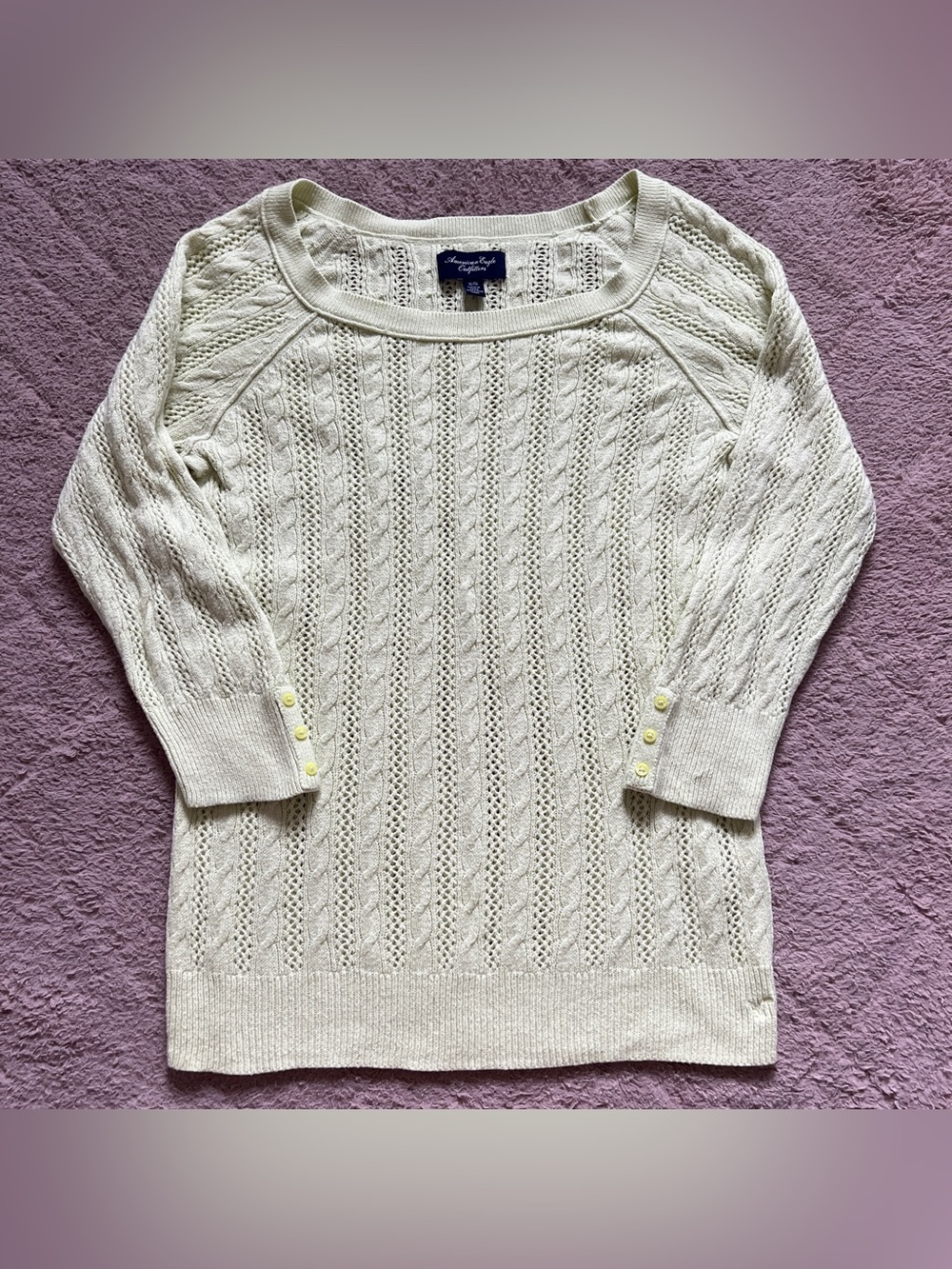 American Eagle 3/4 Sleeve Open Cable Knit Sweater Cottage Coastal Preppy Sz XL